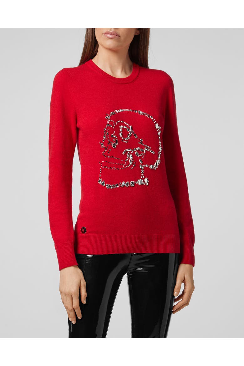 Pullover Round Neck Skull Women, Main, color, red