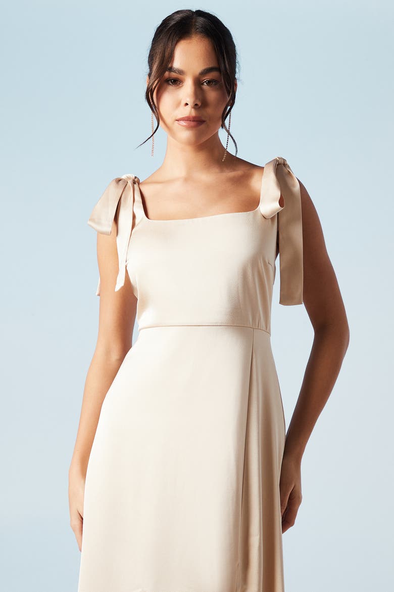 Satin Midi Tie Shoulder Bridesmaid Dress, Alternate, color, Champagne