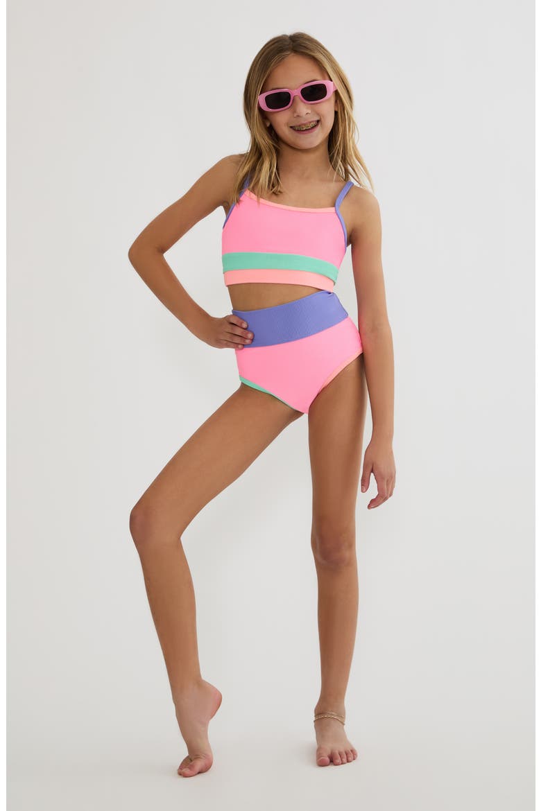 Kids' Little Eva Emmie Colorblock Ribbed Two-Piece Swimsuit, Main, color, SHERBERT SHORES COLORBLOCK