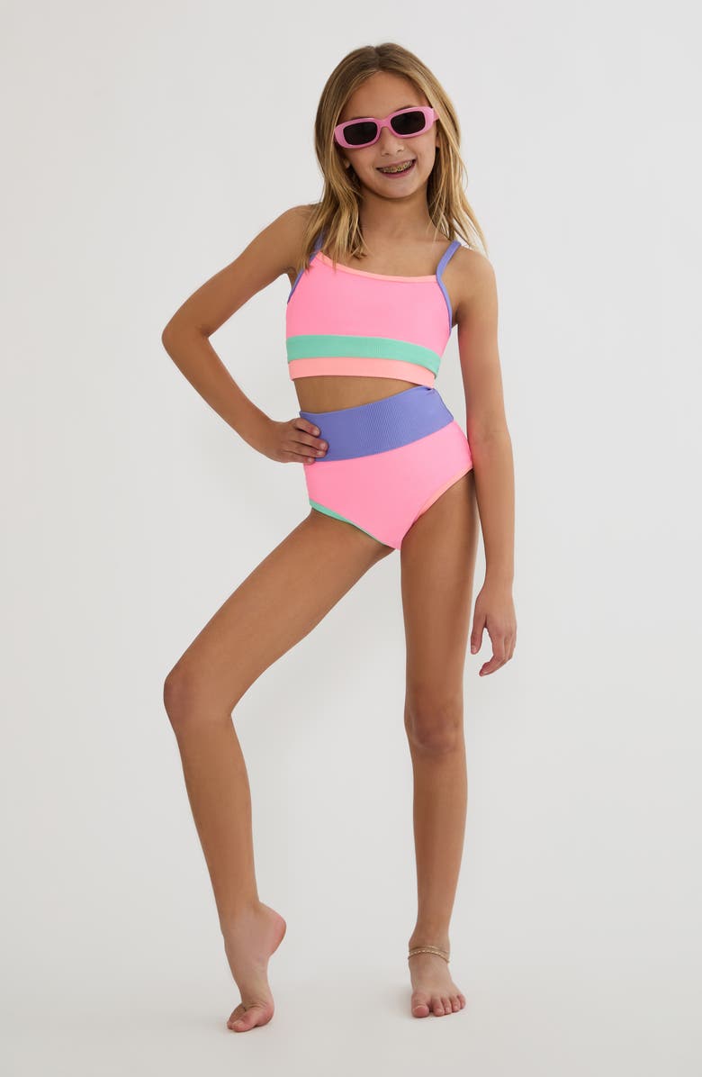 Beach Riot Kids' Little Eva Emmie Colorblock Ribbed Two-Piece Swimsuit, Main, color, Sherbert Shores Colorblock