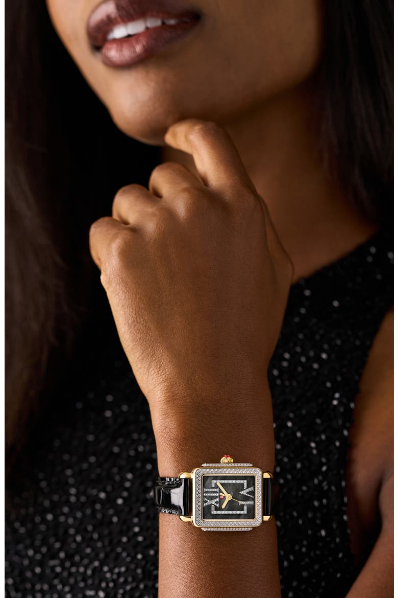 Deco Madison Mid Pavé Diamond & Mother-of-Pearl Leather Strap Watch, 29mm x 31mm, Alternate, color, BLACK