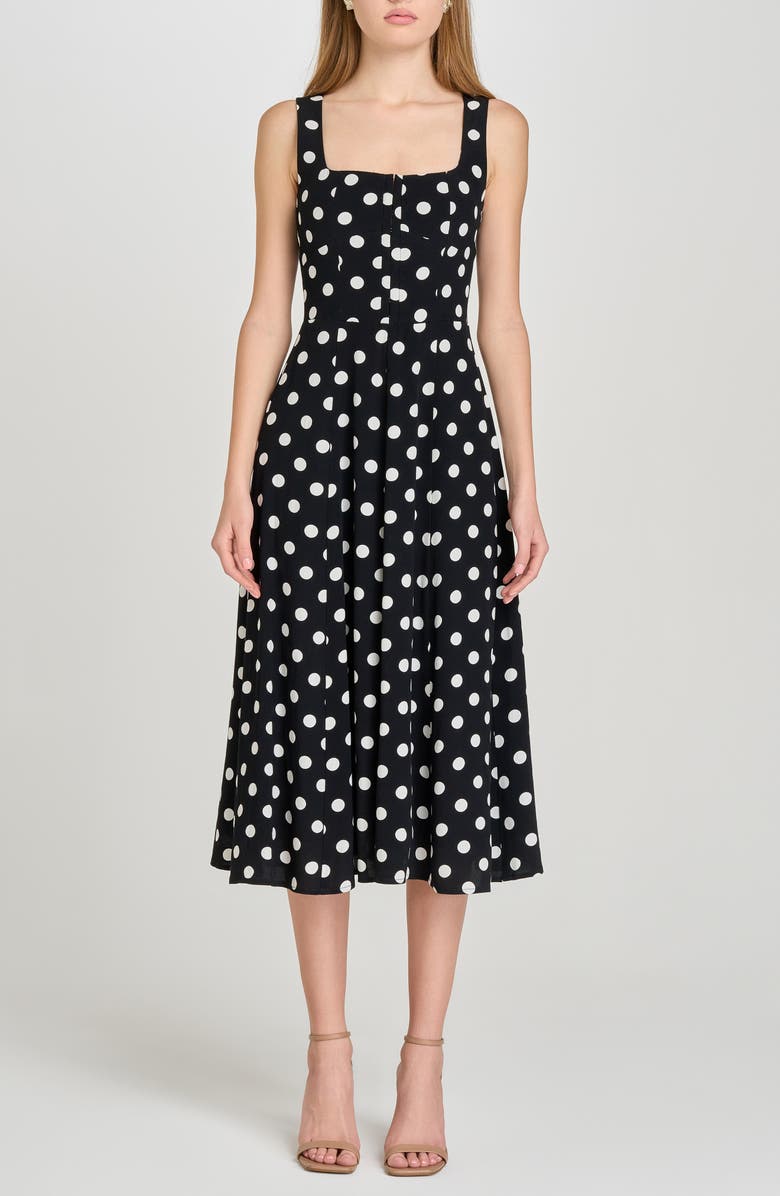 WAYF Leonie Polka Dot Corset Midi Dress, Main, color, Black Polka Dot