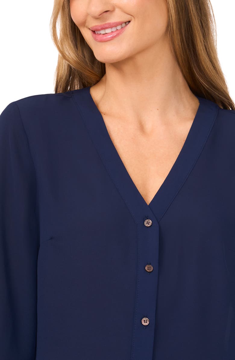 CeCe Tie Cuff Button-Up Top, Alternate, color, Classic Navy