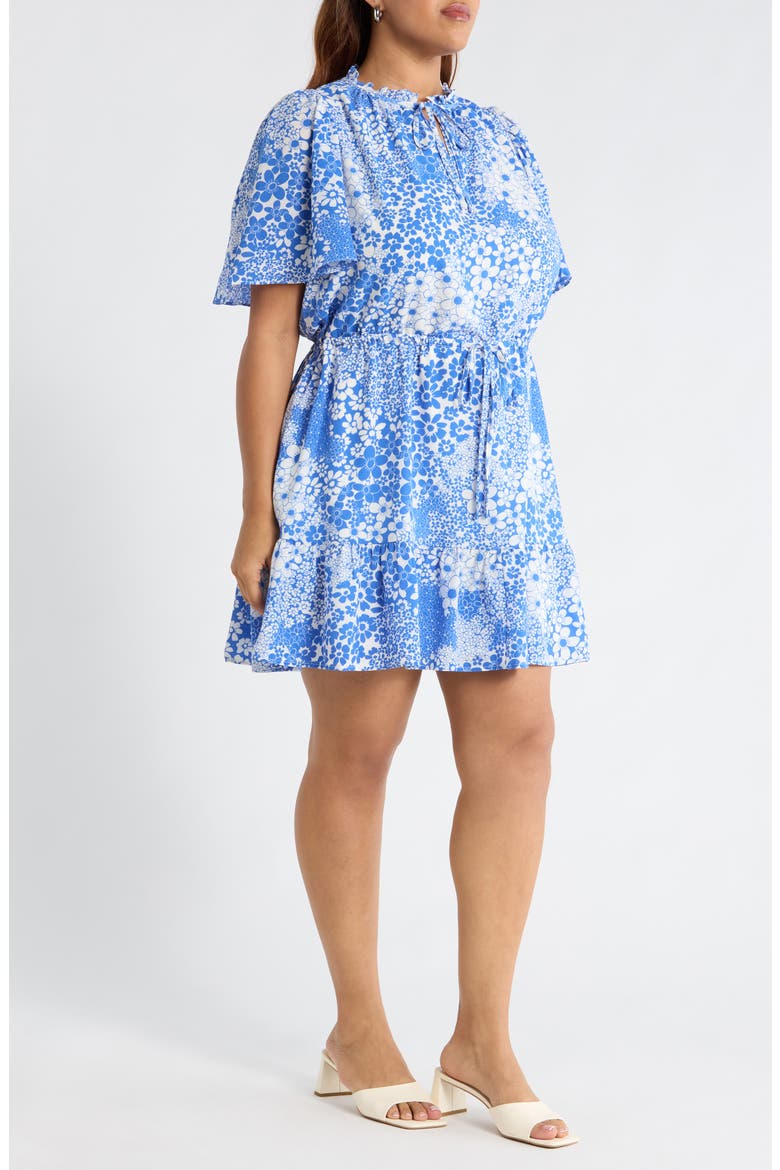 Floral Print Flutter Sleeve Dress, Alternate, color, WHITE BLUE