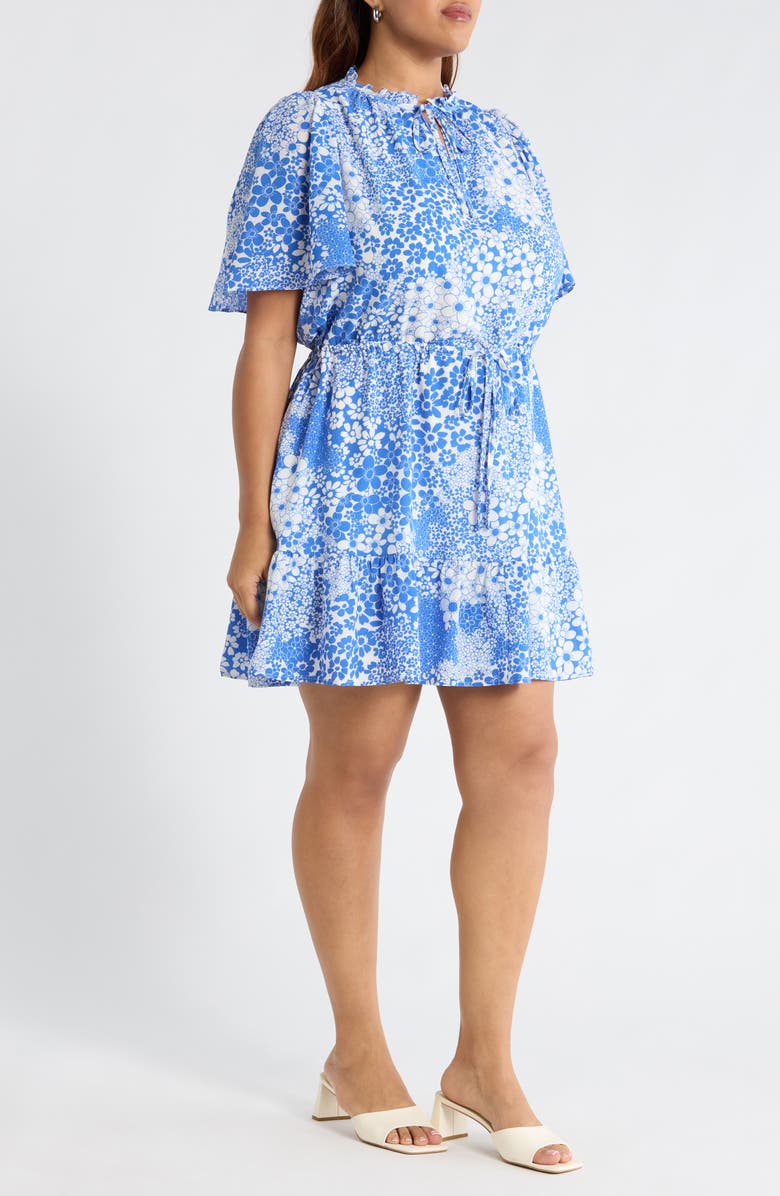 SUGARLIPS Floral Print Flutter Sleeve Dress, Alternate, color, White Blue