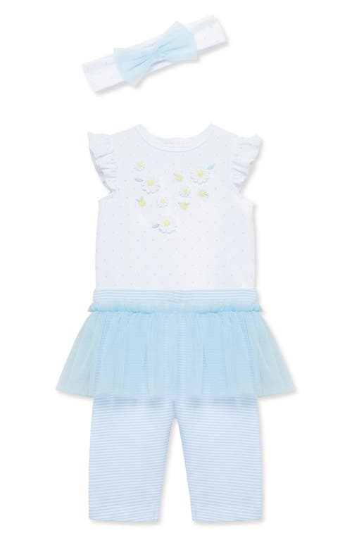 Shop Little Me Daisies Bow Head Wrap, Ruffle Bodysuit & Skirted Leggings Set In Blue