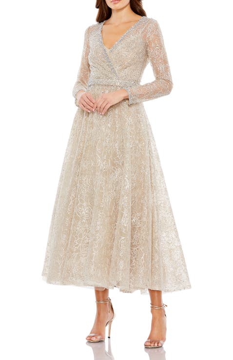 【Mac Duggal】フリンジ装飾付きベージュVネックコラムガウン Mac Duggal 5445 Dress | NewYorkDress.com