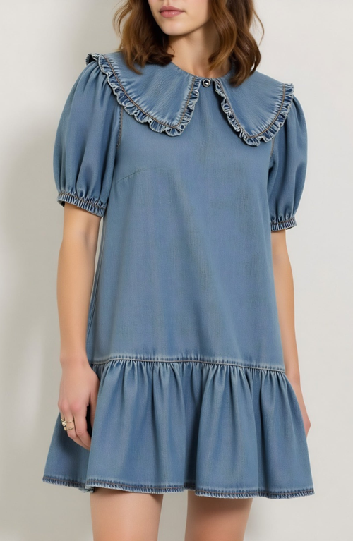 Modenaire Ruffled Collar Dress With Puff Sleeves And Tiered Hem In Blue