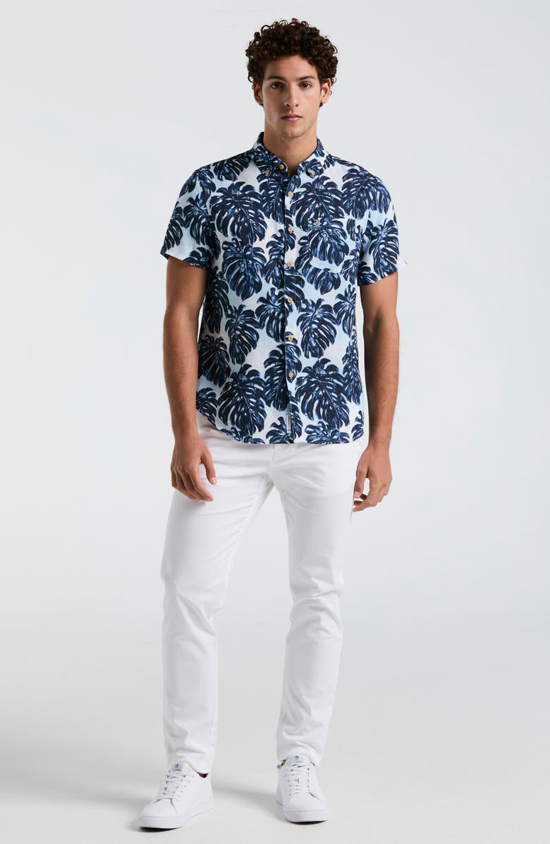 Original Penguin Monstera Linen Short Sleeve Button-Down Shirt, Alternate, color, Crystal Blue