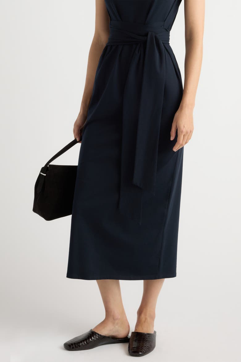 Edina Tie-Front Slit-Neck Dress, Alternate, color, Deep Navy