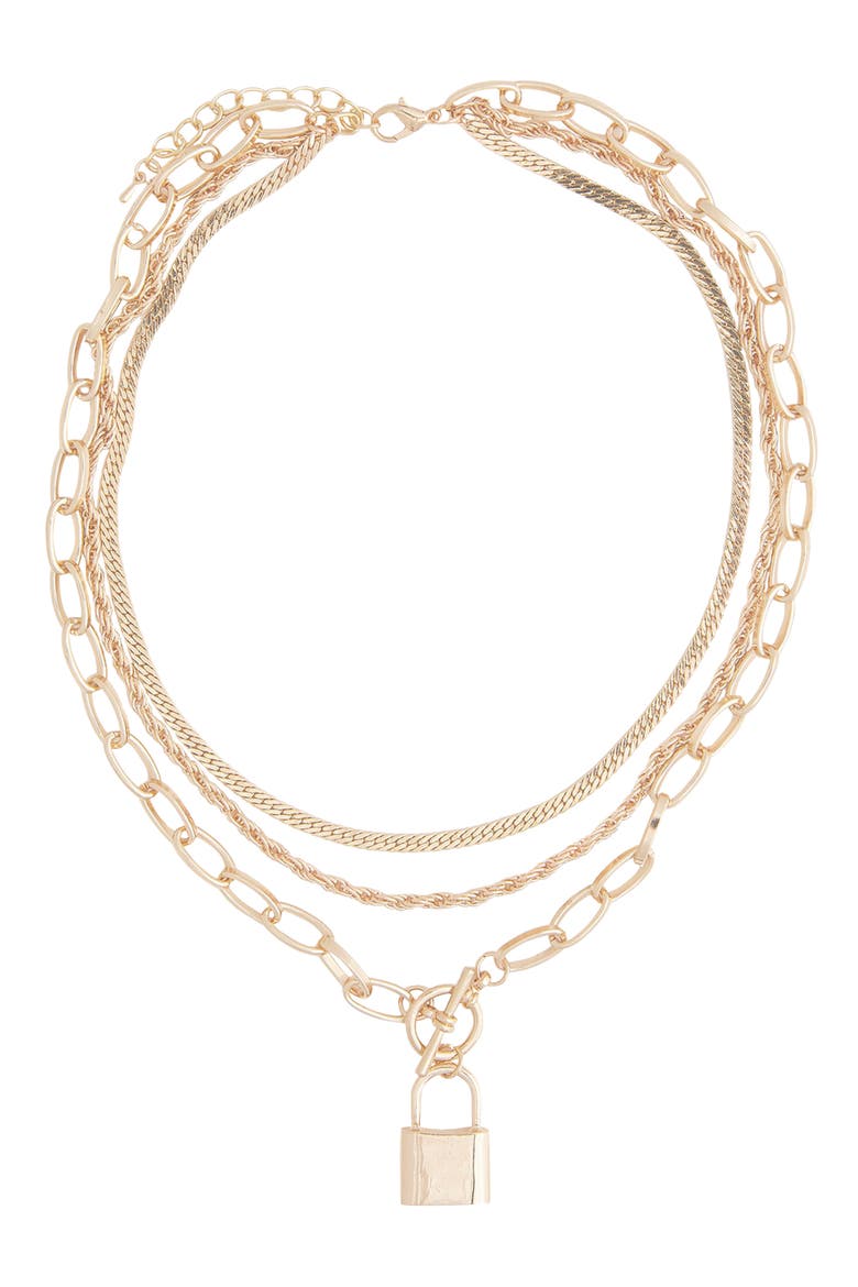 Stronger Layered Lock Pendant Necklace, Main, color, GOLD