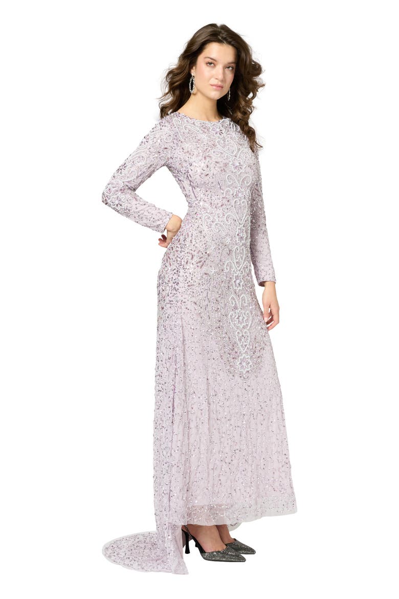 Modest Embellished Sequin Beaded Maxi Dress With Trail, Alternate, color, LILAC