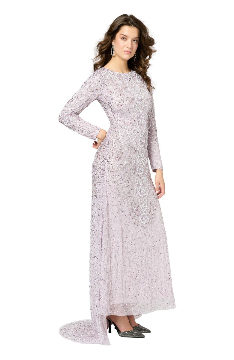 MARYISA Modest Embellished Sequin Beaded Maxi Dress With Trail, Alternate, color, Lilac