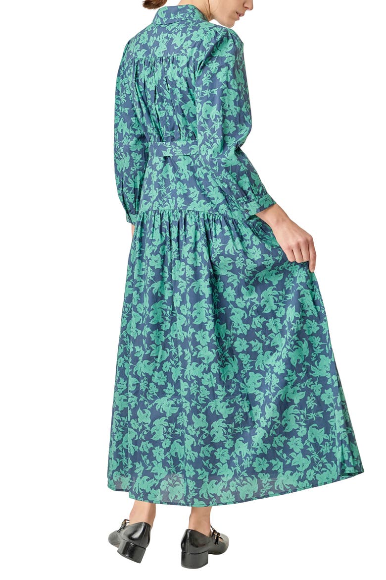 Belted Tiered Print Long Sleeve Cotton Midi Dress, Alternate, color, NAVY/ GREEN