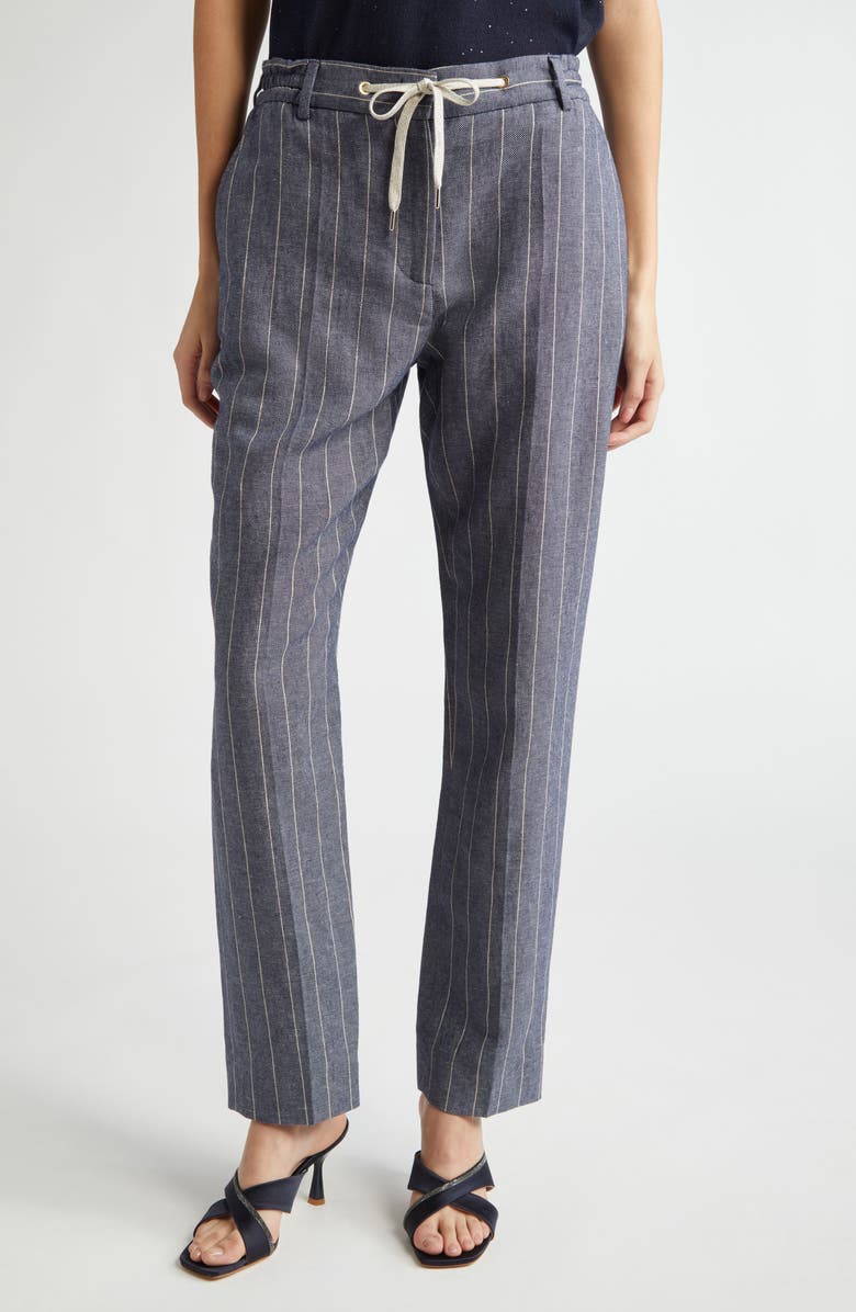 Eleventy Pinstripe Drawstring Waist Cotton & Linen Pants, Main, color, 
