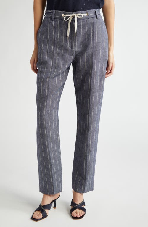 Eleventy Pinstripe Drawstring Waist Cotton & Linen Pants In Blue