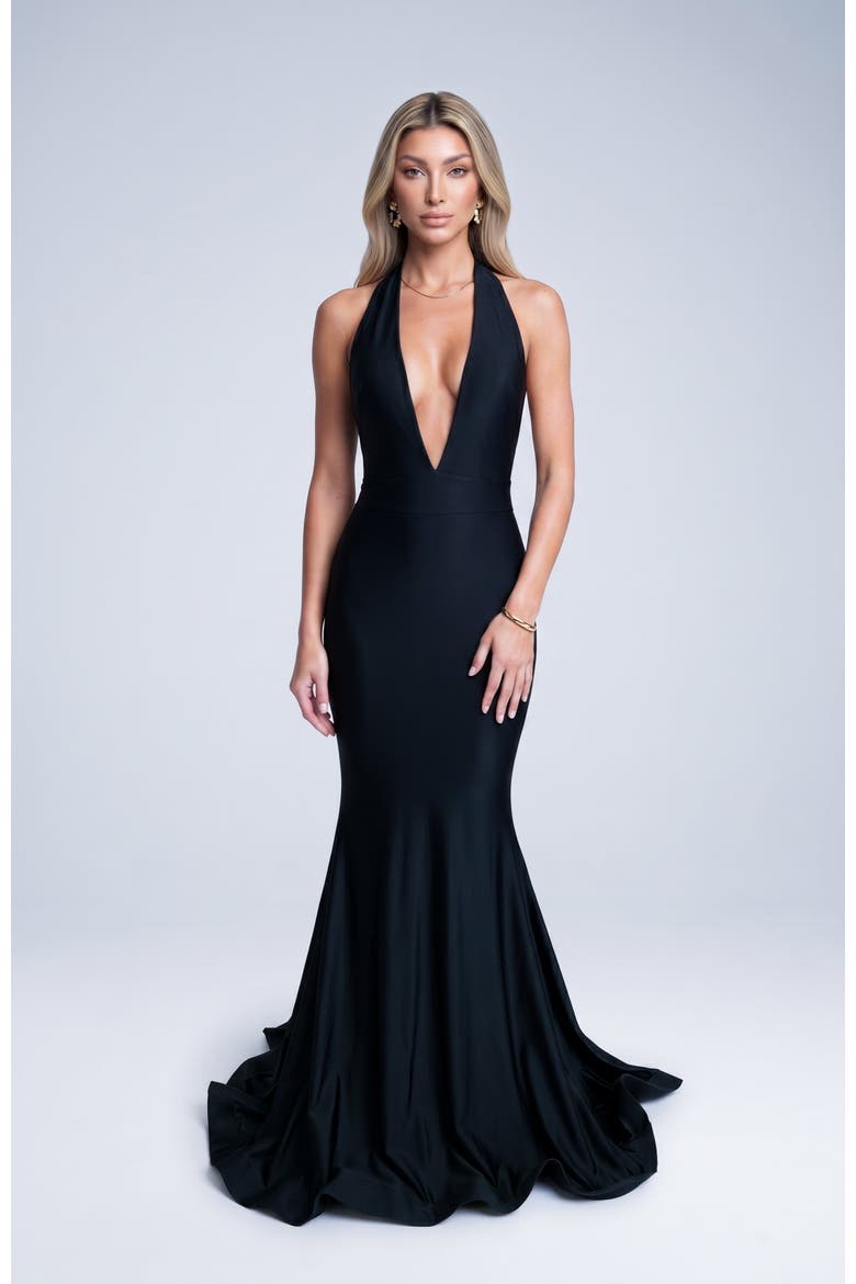 Plunging Halter Neck Mermaid Evening Gown, Alternate, color, Black