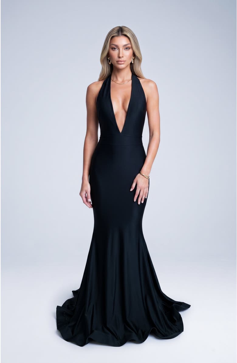 Jessica Angel Plunging Halter Neck Mermaid Evening Gown, Alternate, color, Black