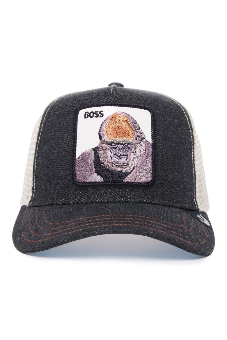 The Boss Gorilla Patch Snapback Trucker Hat, Main, color, DENIM