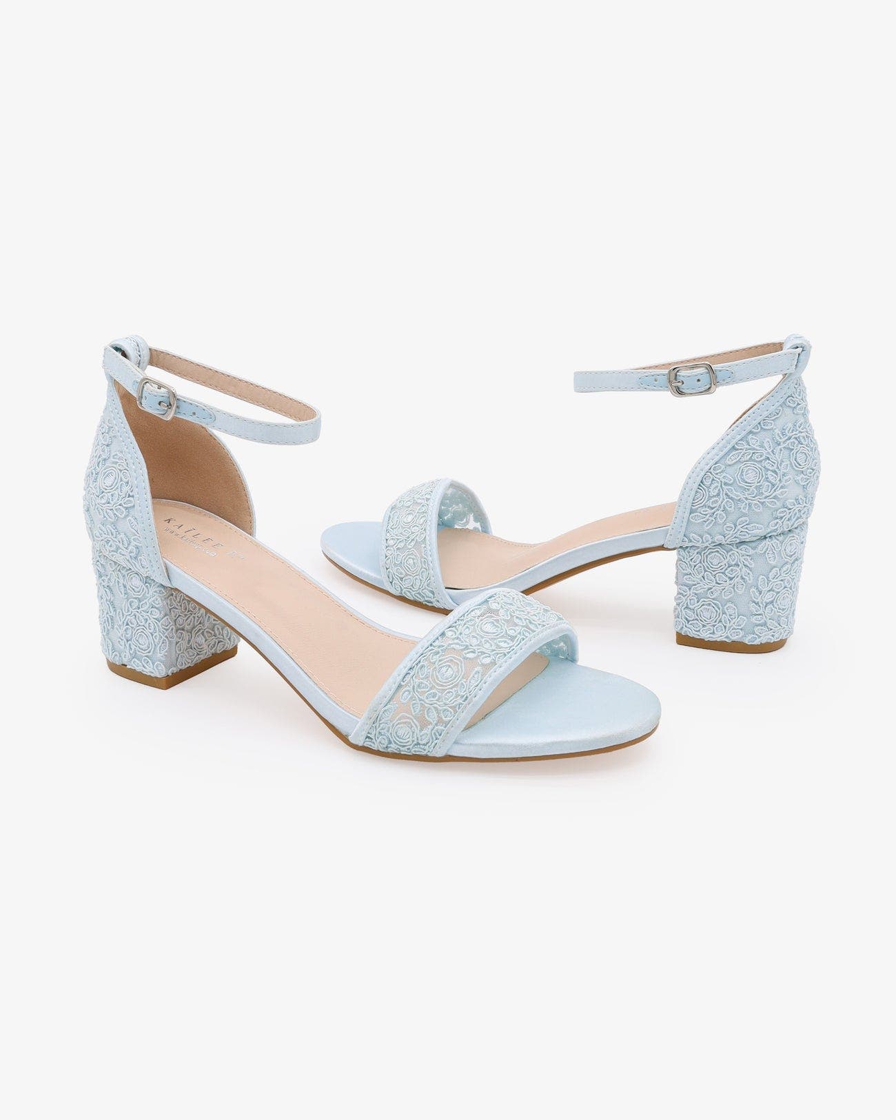 Kailee P Jackie Crochet Lace Block Heel Wedding Sandals, Alternate, color, Light Blue