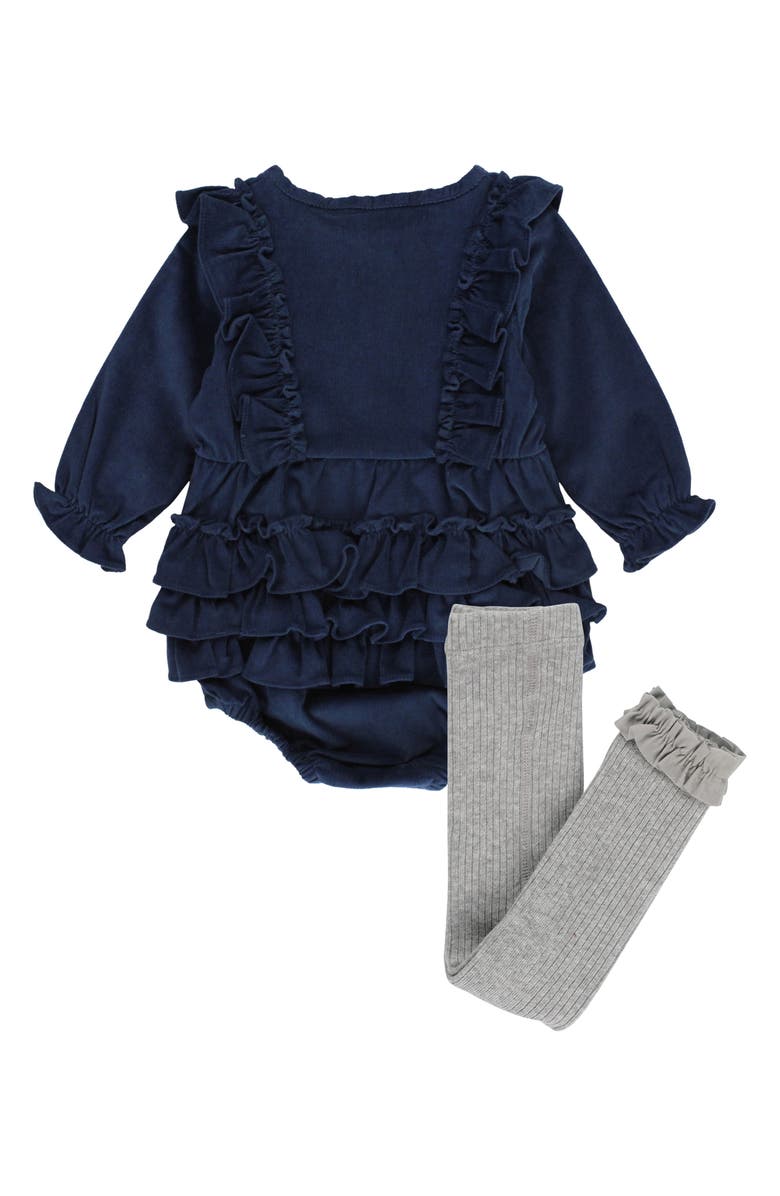 RuffleButts Ruffle Stretch Corduroy Romper & Rib Footless Tights Set, Alternate, color, 