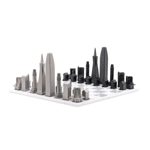 SKYLINE CHESS Chess Set Stainless Steel  San Francisco Edition with Marble Hatch Board in White  product