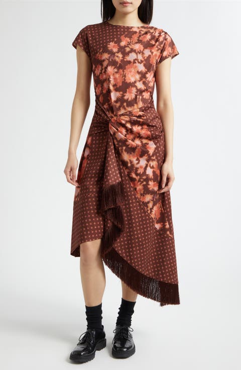 Desert Flower Mixed Print Asymmetric Hem Cotton Dress