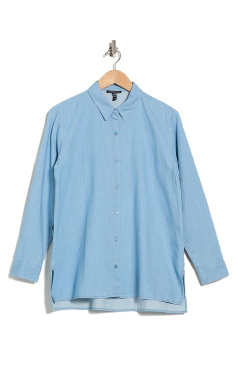 Classic Long Sleeve Organic Cotton Chambray Button-Up Shirt (Petite)