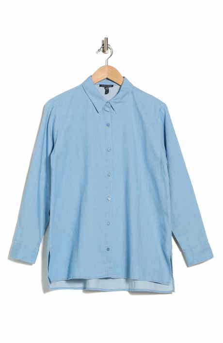 Eileen Fisher Classic Long Sleeve Organic Cotton Chambray Button-Up Shirt