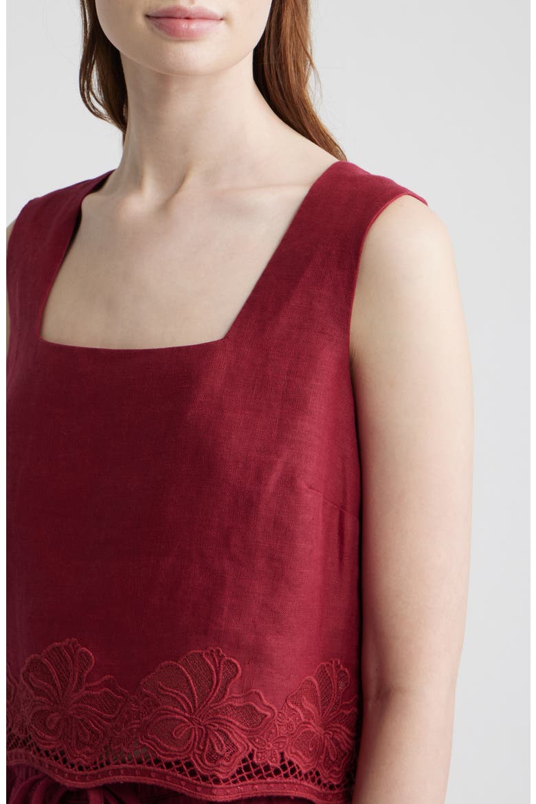 Akira Embroidered Sleeveless Linen Top, Alternate, color, BERRY HIBISCUS EMBROIDERY