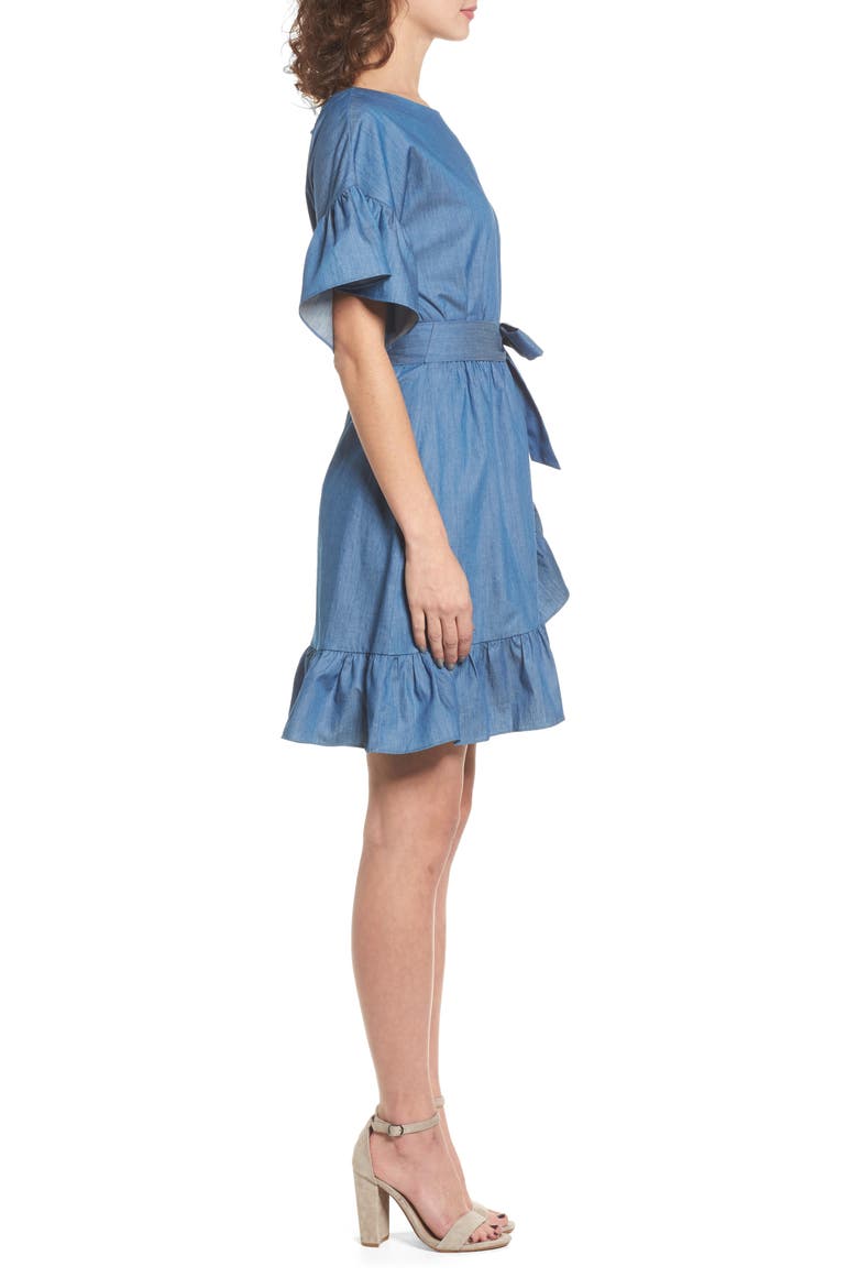 Ruffle Denim Wrap Dress, Alternate, color, DENIM