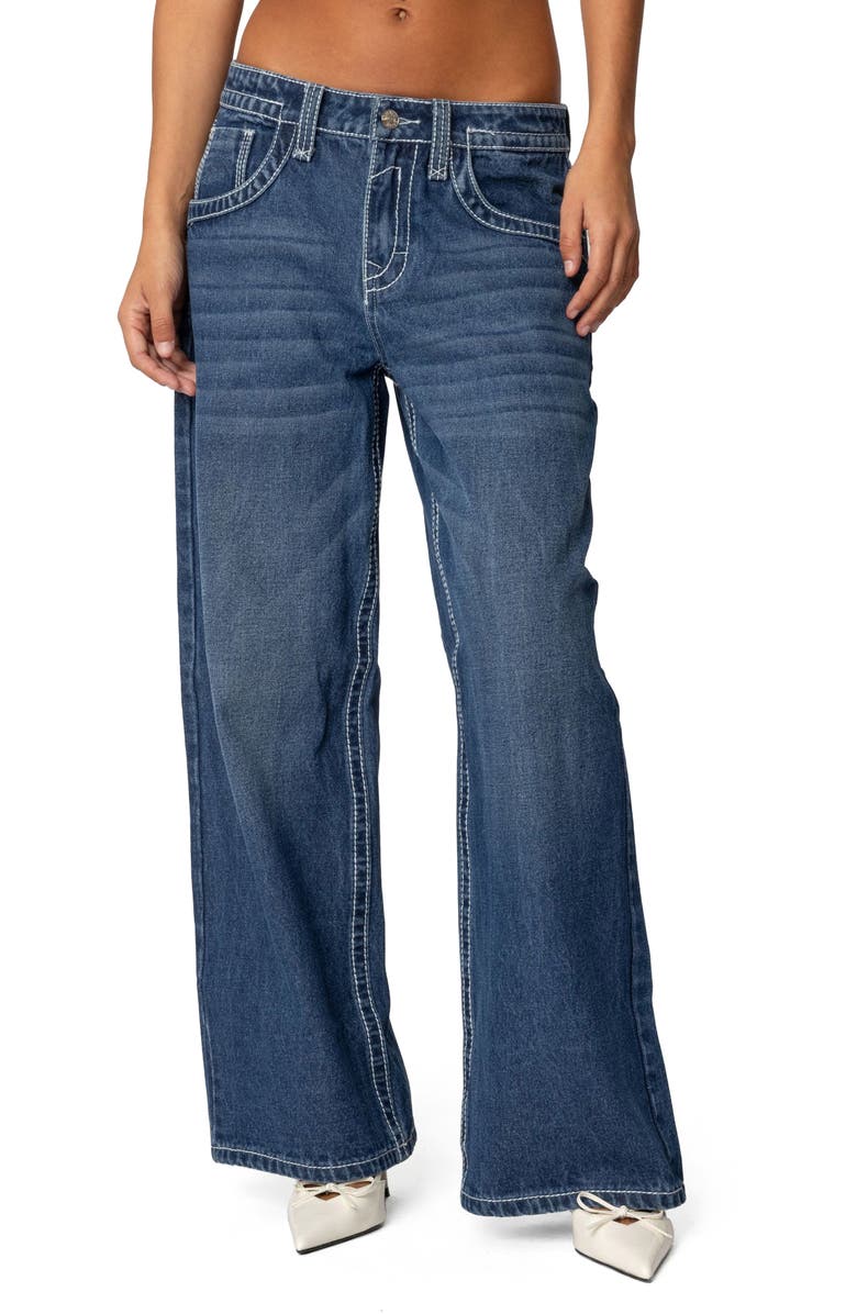 EDIKTED Contrast Stitch Low Rise Wide Leg Jeans, Main, color, Dark-Blue-Washed