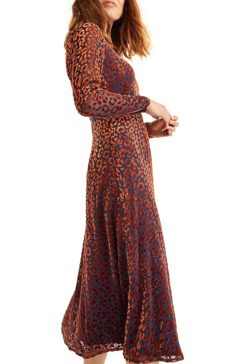 Marie Leopard Devoré Long Sleeve Midi Dress, Alternate, color, COPPER RED CHIC LEOPARD