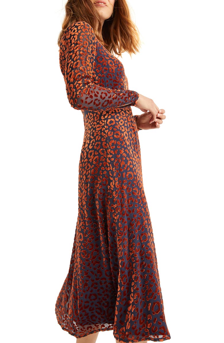 Boden Marie Leopard Devoré Long Sleeve Midi Dress, Alternate, color, 