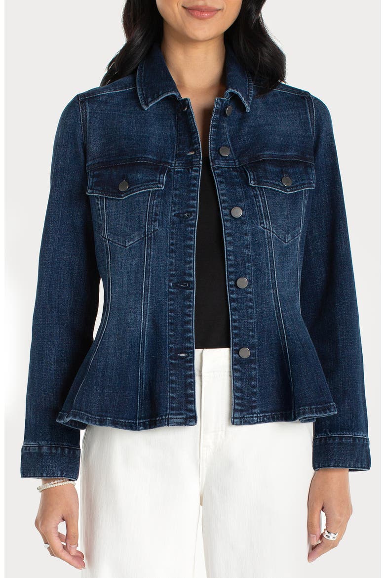 Fit & Flare Denim Trucker Jacket, Main, color, DARK DELACEY