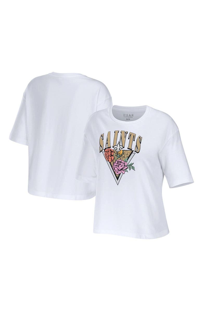 WEAR by Erin Andrews Women's WEAR by Erin Andrews White New Orleans Saints Boxy Floral Cropped T-Shirt, Main, color, 