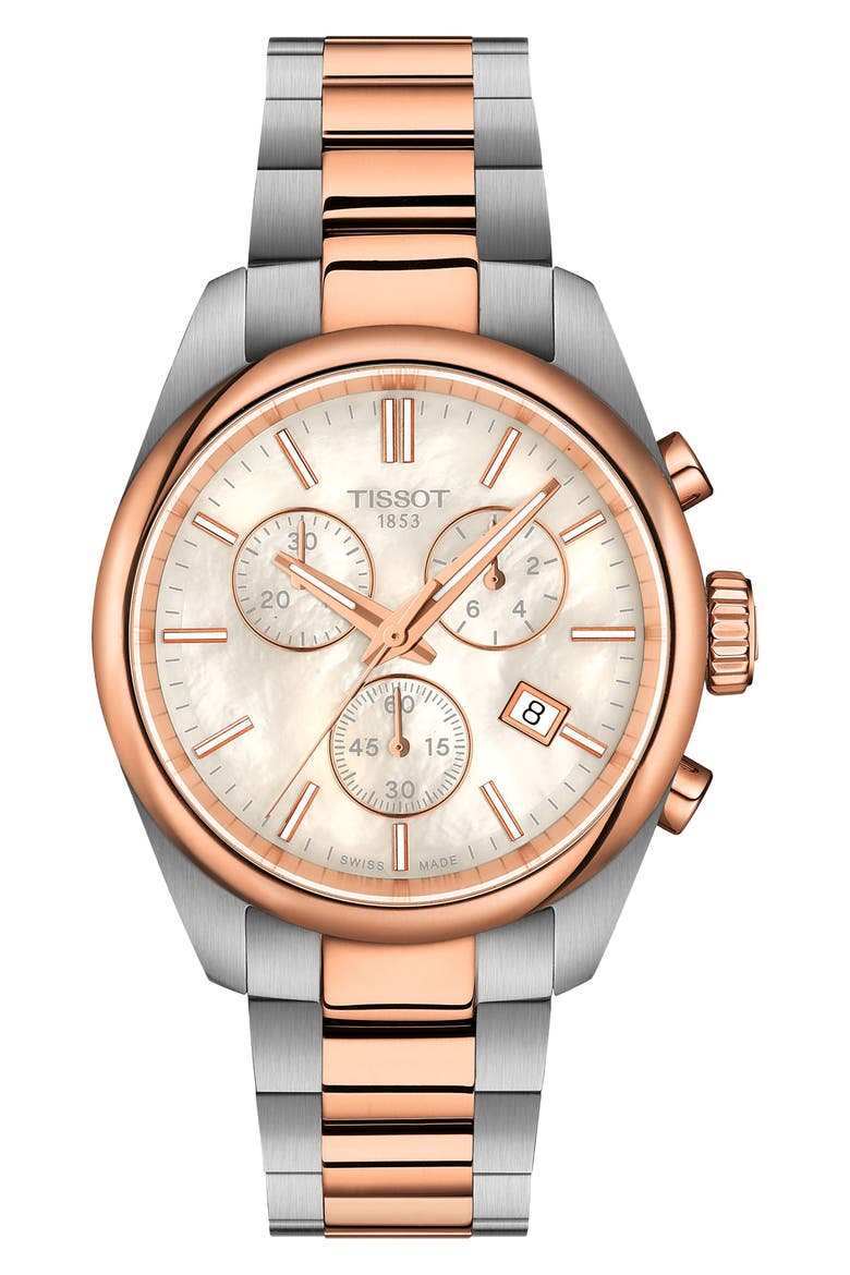 PR 100 Chronograph Two-Tone Bracelet Watch, 36mm, Main, color, WHITE MOTHER OF PEARL