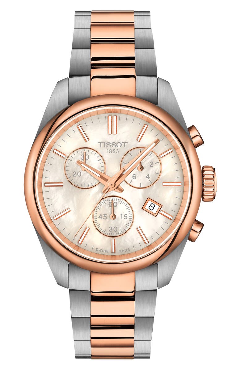 Tissot PR 100 Chronograph Two-Tone Bracelet Watch, 36mm, Main, color, White Mother Of Pearl