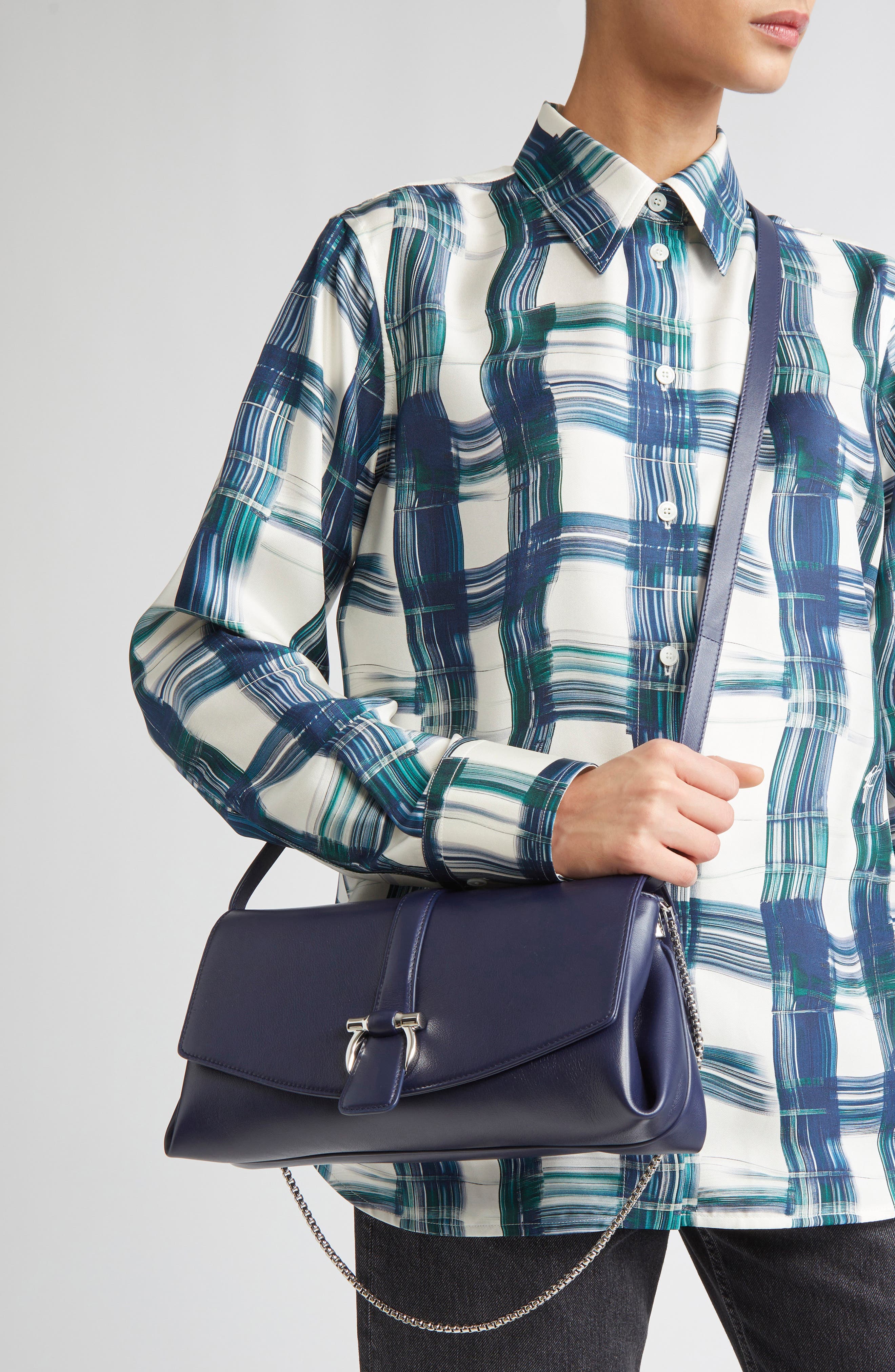 FERRAGAMO Medium Lily Leather Shoulder Bag, Alternate, color, New Navy Dkb