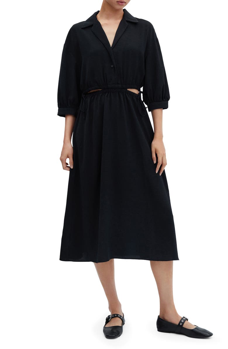 MANGO Cutout Drawstring Waist Midi Shirtdress, Main, color, 