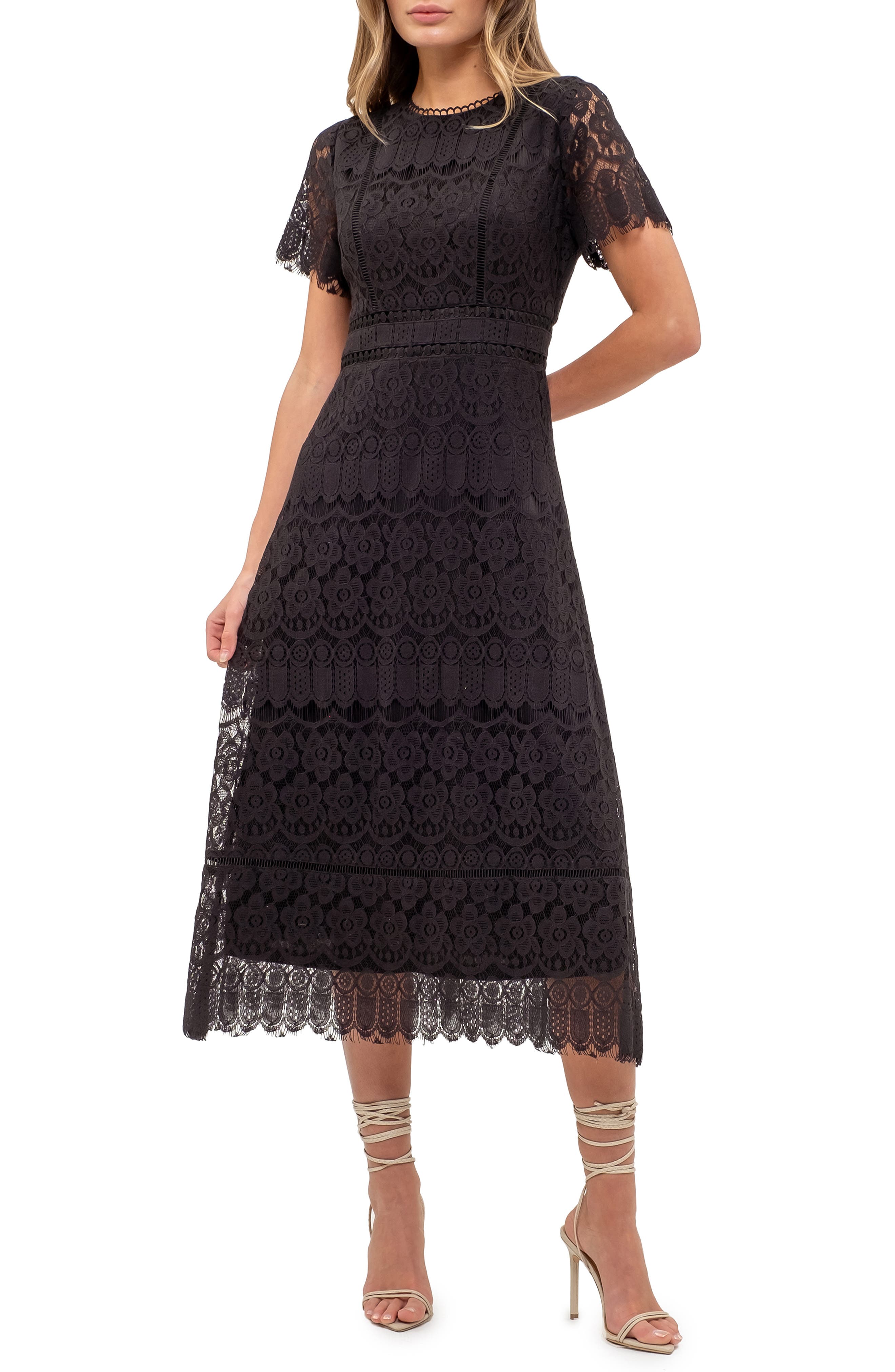 AUGUST SKY Scalloped Lace Midi Dress