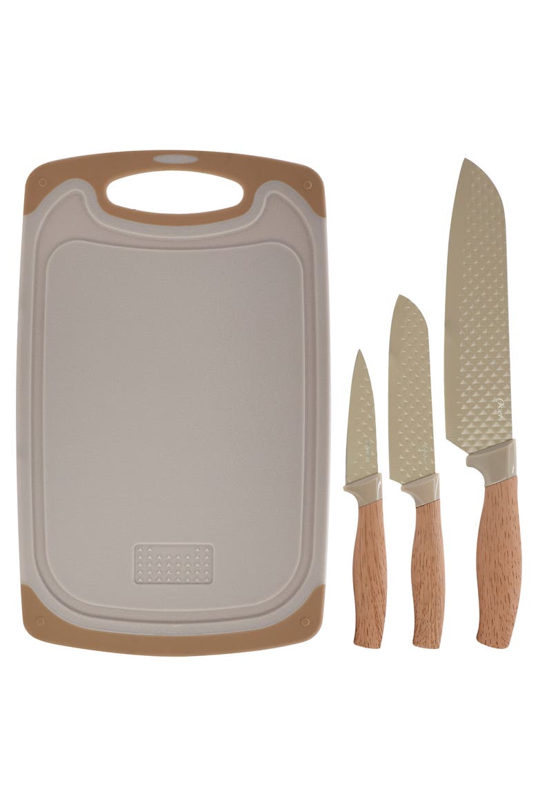 4pc Stainless Steel Cutlery and Cutting Board Set Brown, Main, color, Brown