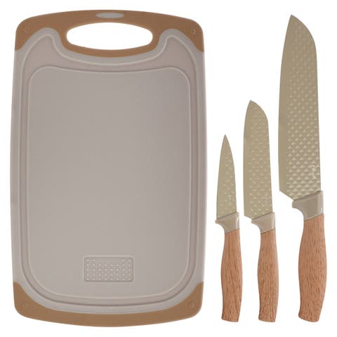 4pc Stainless Steel Cutlery and Cutting Board Set Brown