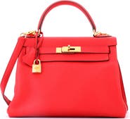 Pre-Owned Hermes Kelly Handbag Red Clemence with Gold Hardware 28
