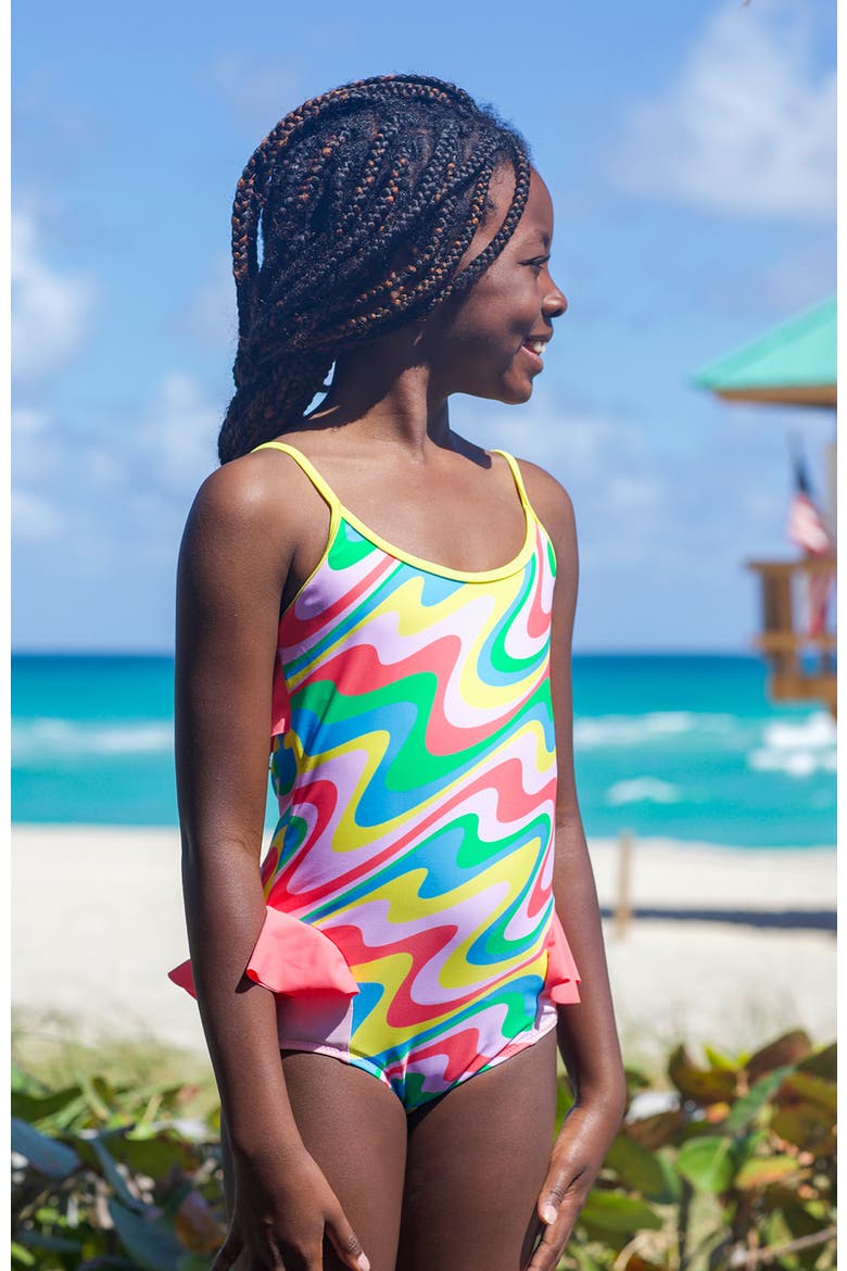 Sporty Multi-Color Neon Orbit Side Ruffles One-Piece Swimsuit, Alternate, color, Multicolor