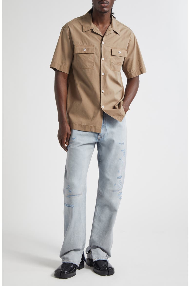 Embroidered Numeric Logo Short Sleeve Button-Up Shirt, Alternate, color, DUNE