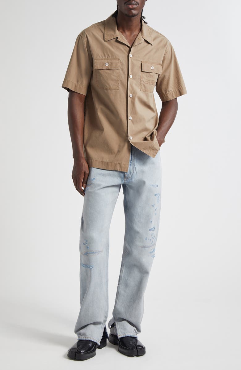 MM6 Maison Margiela Embroidered Numeric Logo Short Sleeve Button-Up Shirt, Alternate, color, Dune