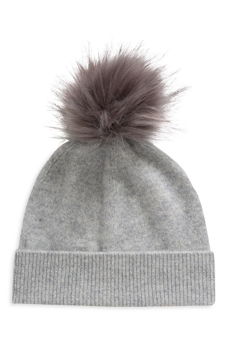 Faux Fur Cashmere Pompom Beanie, Main, color, GREY FORMAL