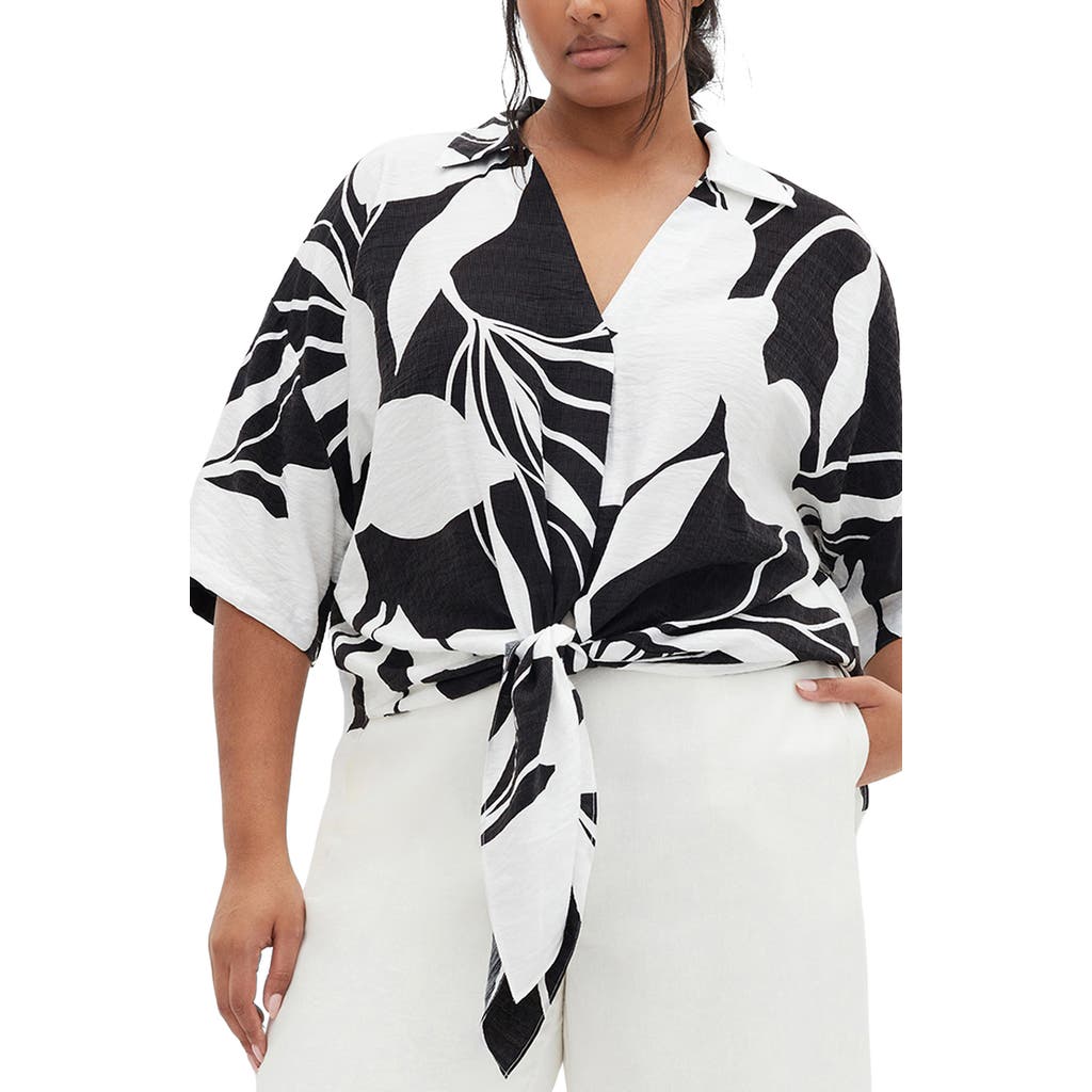 City Chic Abstract Floral Tie Front Shirt In Palm Paradise