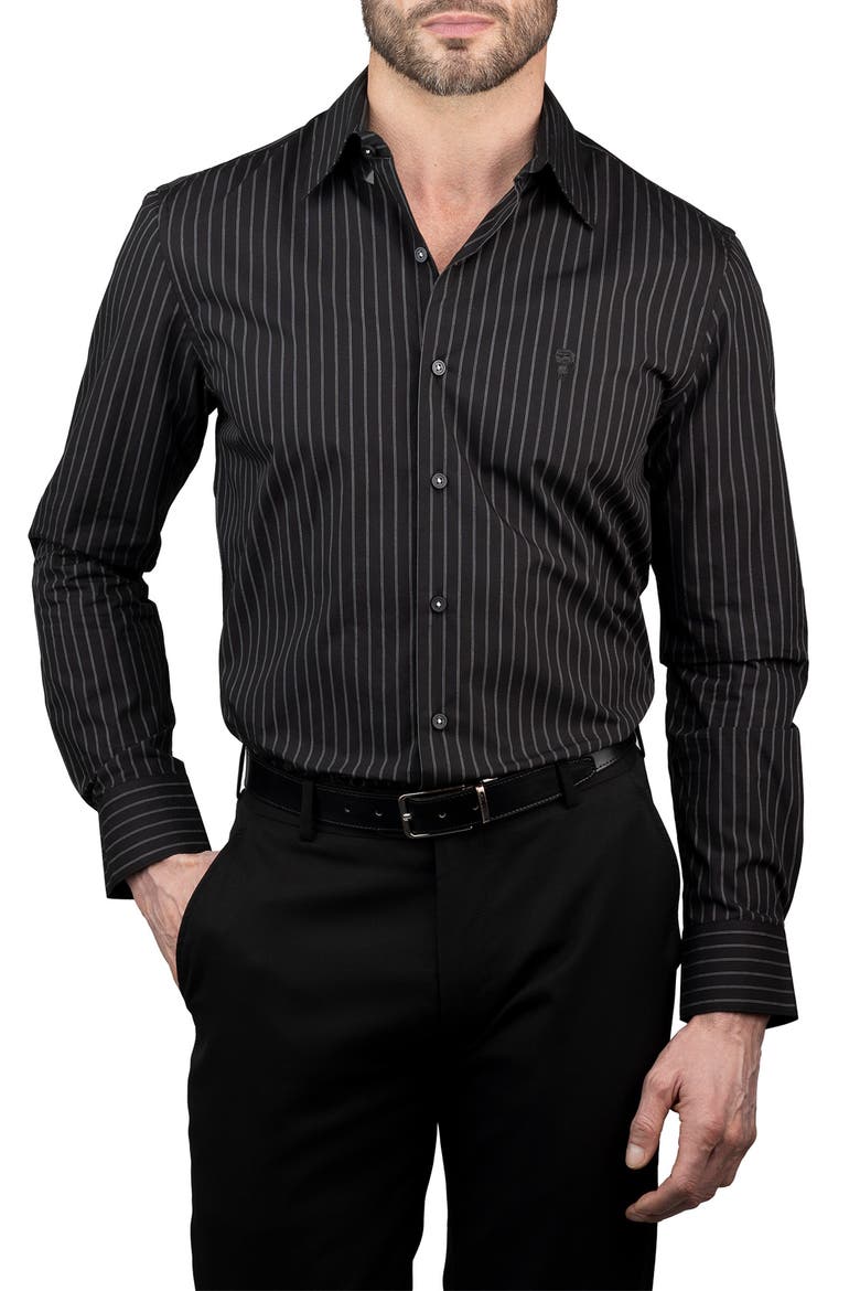 Trim Fit Pinstripe Cotton Dress Shirt, Main, color, GRAY